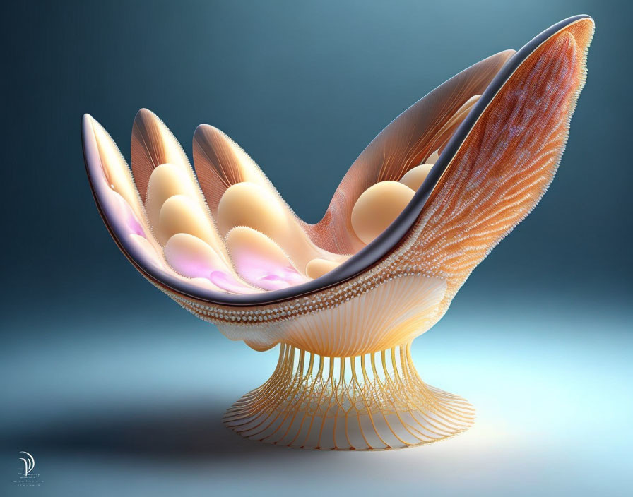 Digitally-rendered shell structure with pearl-like interior on blue background