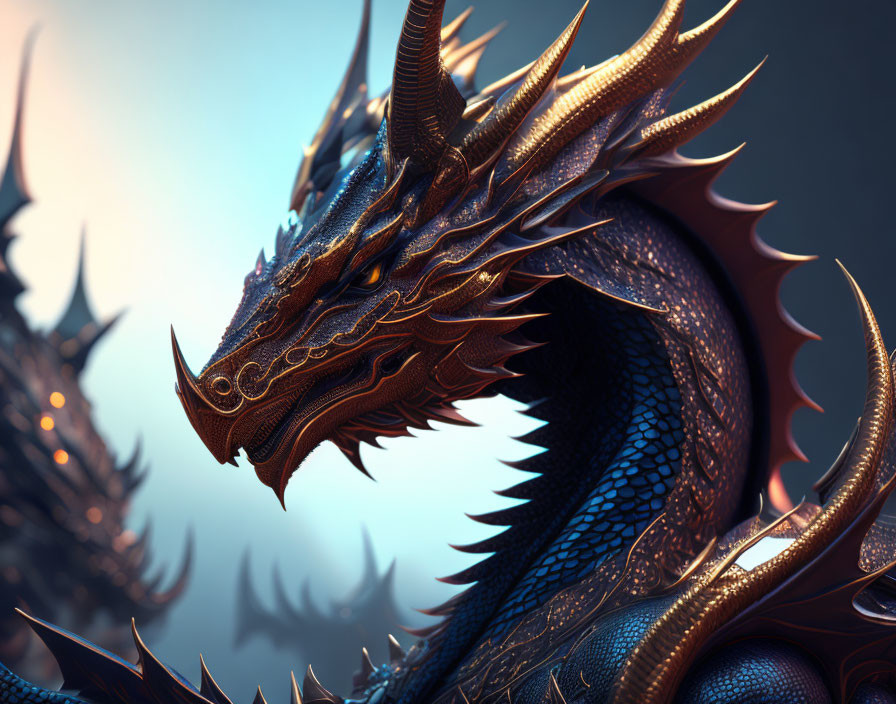 Detailed digital artwork: Majestic dragon with golden ornaments and spikes on soft-focused background