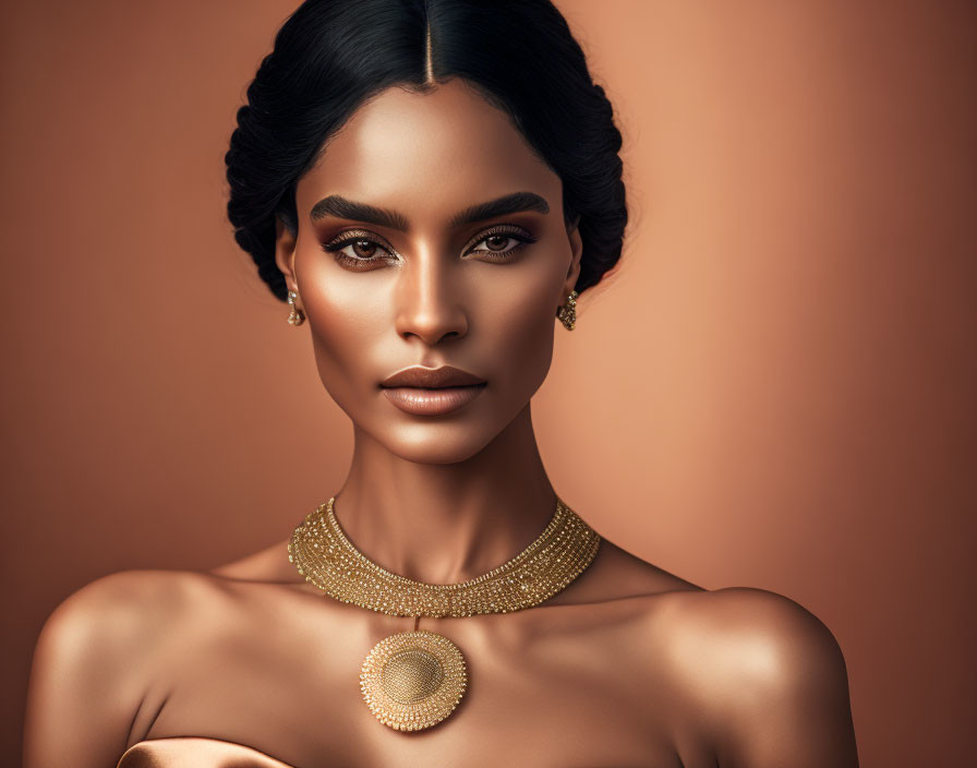 Portrait of a woman with striking features, elegant makeup, and gold jewelry against warm background