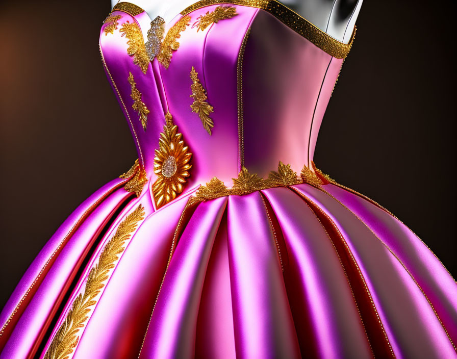 Luxurious Pink Satin Dress with Golden Embroidery and Ornate Gold Trim