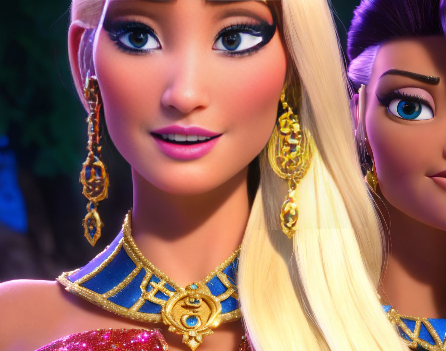 Detailed close-up of two animated female characters in elegant attire, showcasing vibrant facial features and gold accessories.