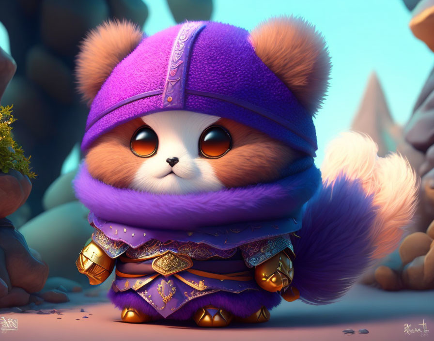 Fluffy animated creature in purple beanie with golden armor in whimsical setting