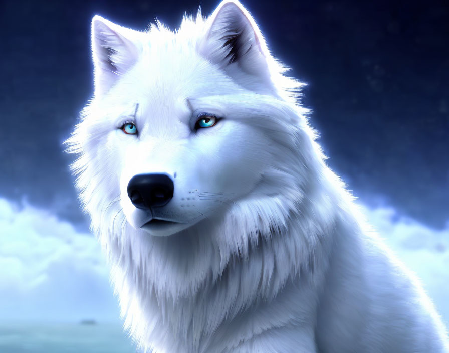 Majestic white wolf with blue eyes in cloudy backdrop