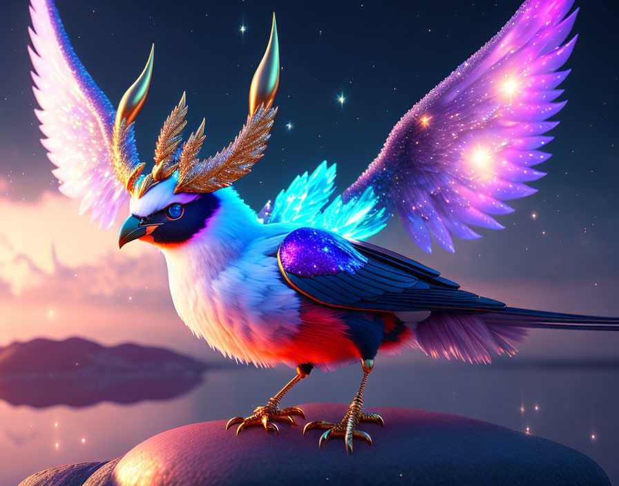 Colorful digital artwork: Mythical bird with fiery wings in twilight sky