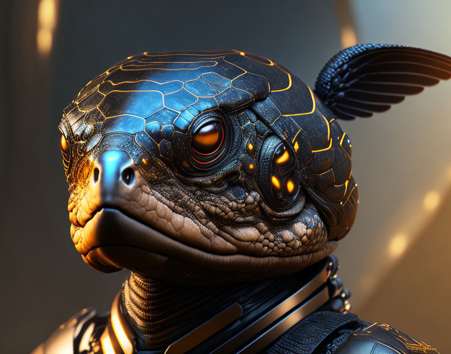 Detailed Image: Fictional Robotic Turtle with Black and Gold Patterns