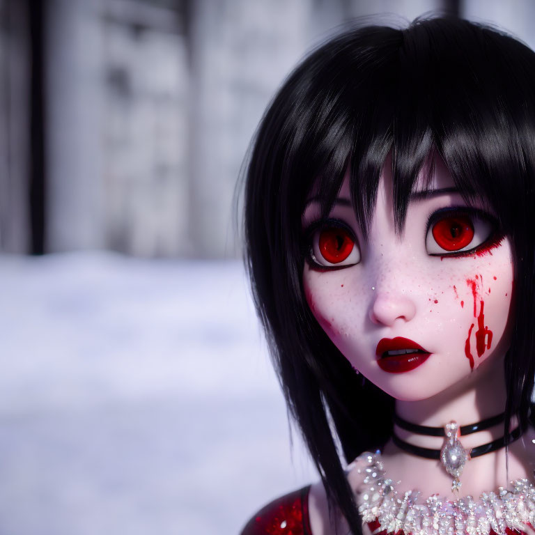 Digital artwork: Female character with red eyes, black hair, and gothic style with bloodstains