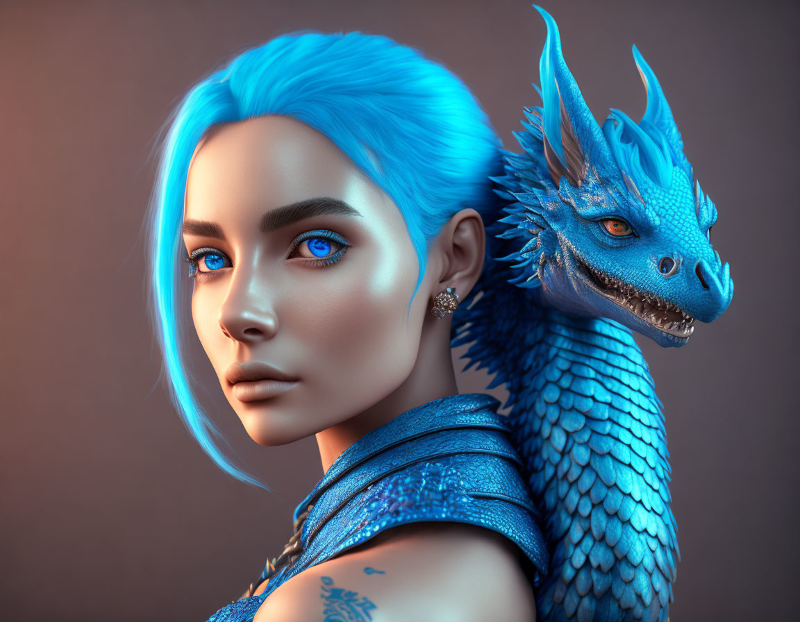 Woman with Blue Hair and Dragon Companion