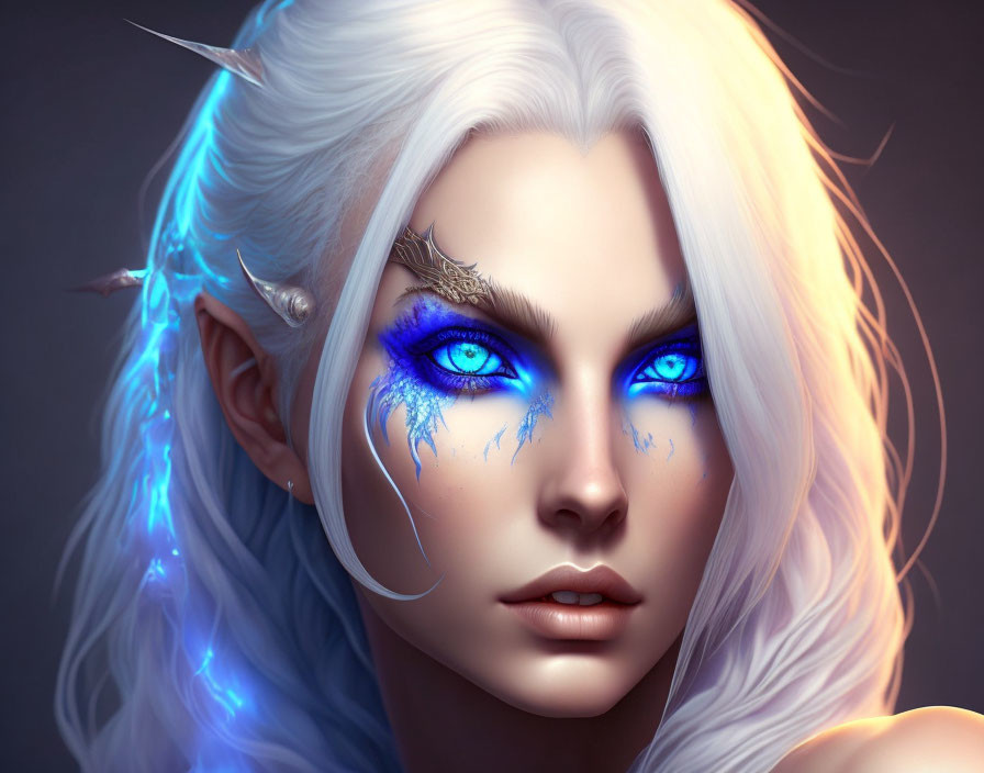 Fantasy female character with blue eyes, glowing markings, white hair, and pointed ears