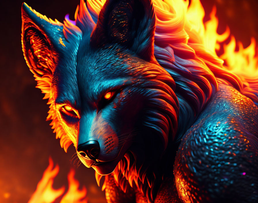 Blue wolf digital artwork with fiery orange eyes and engulfed in flames