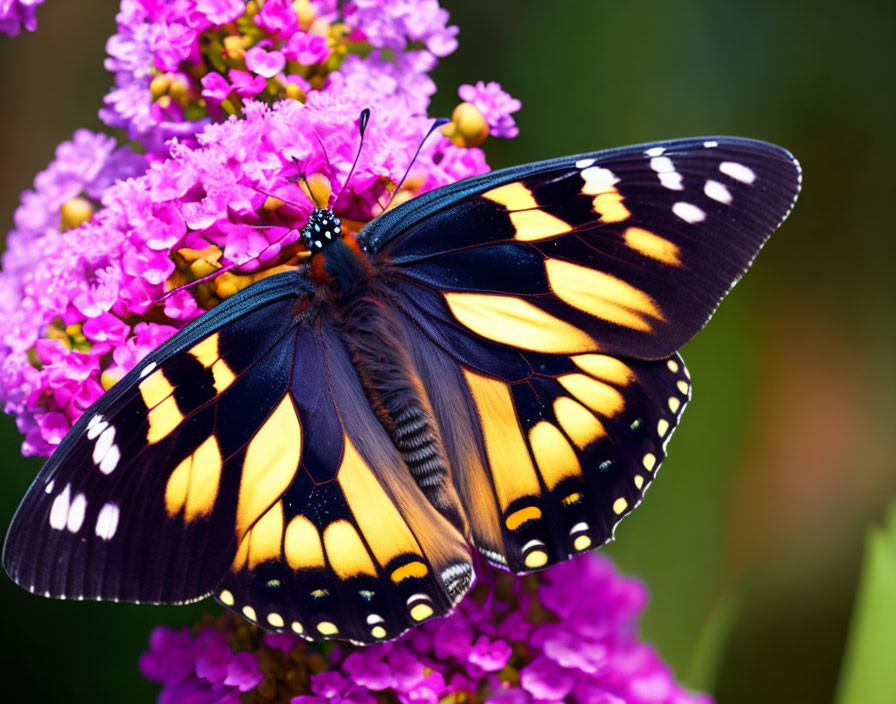 Colorful Butterfly Resting on Pink Flowers with Blurred Green Background