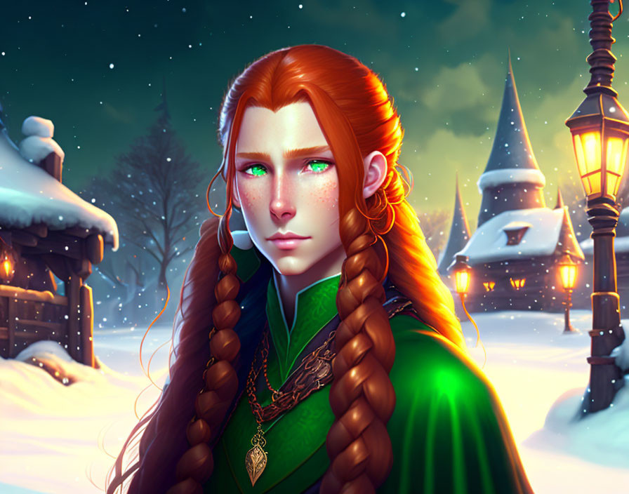 Illustrated female with red braided hair in green cloak in snowy village scene