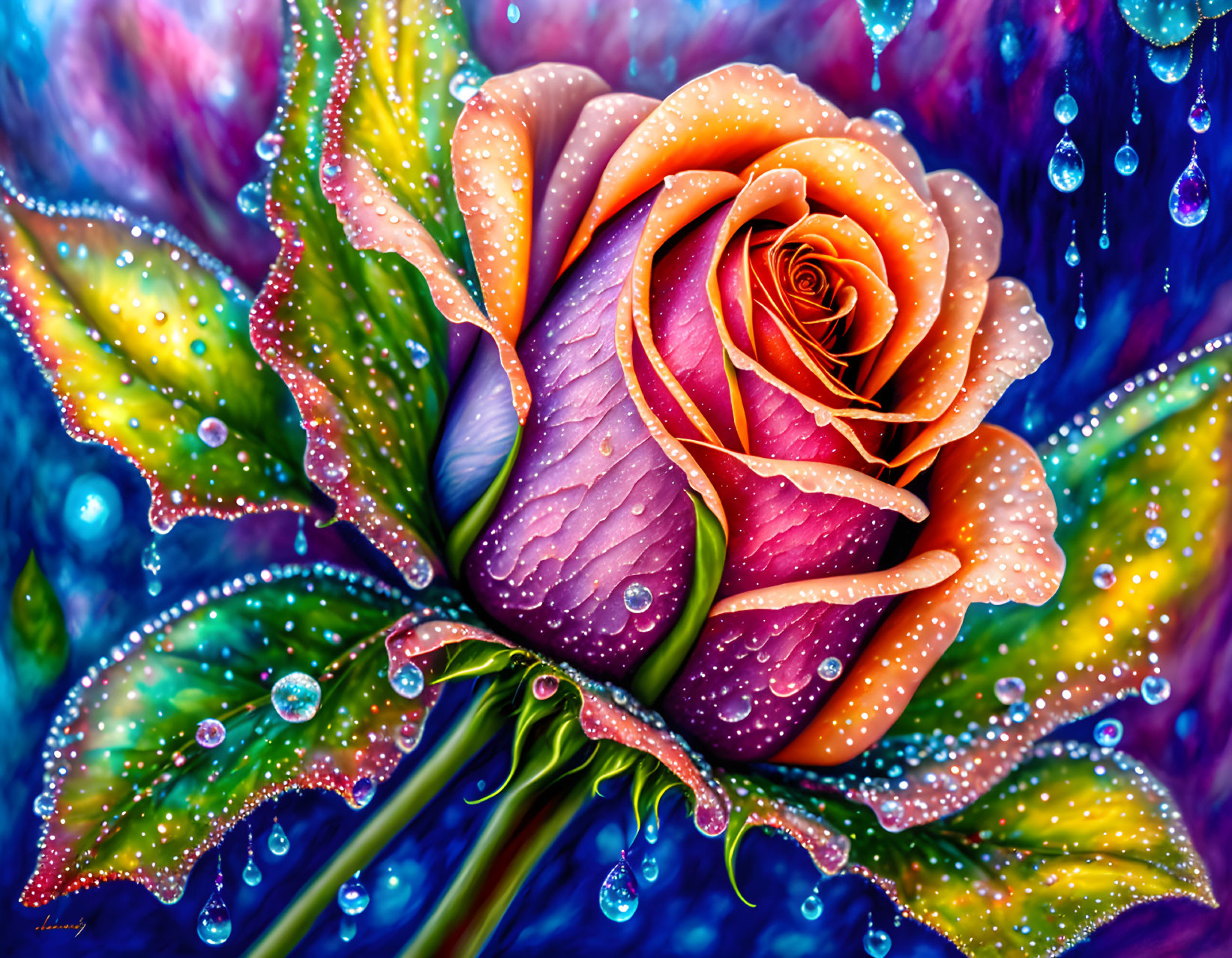 Colorful Rose with Dewdrops on Vibrant Background