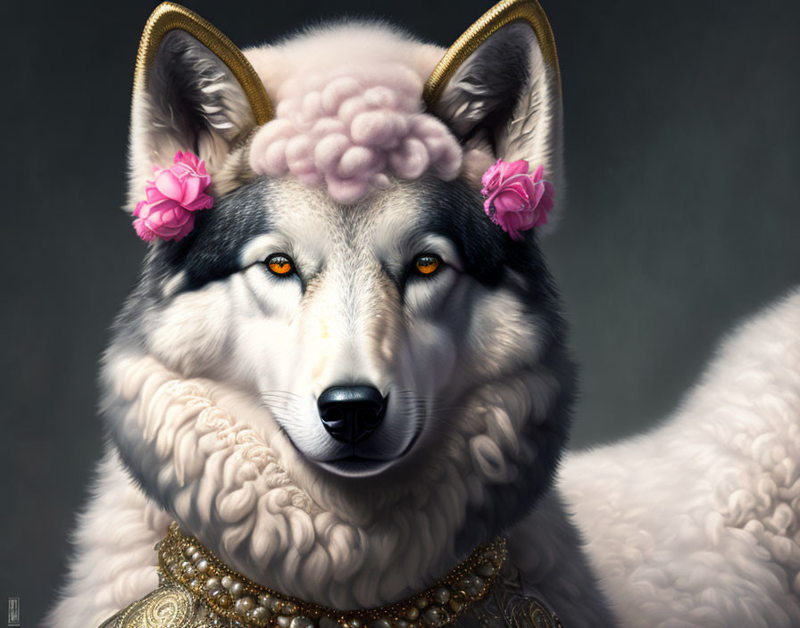 Digital painting: Wolf with human-like features in pink hat, flowers, and gold necklace