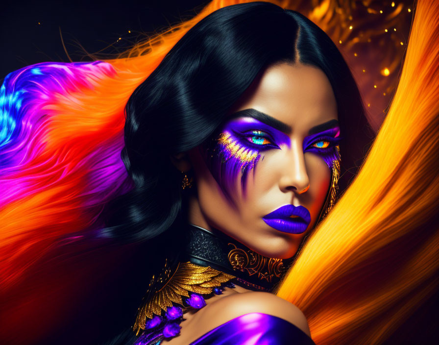 Woman with vibrant blue-purple makeup and multicolored flowing mane against dark background