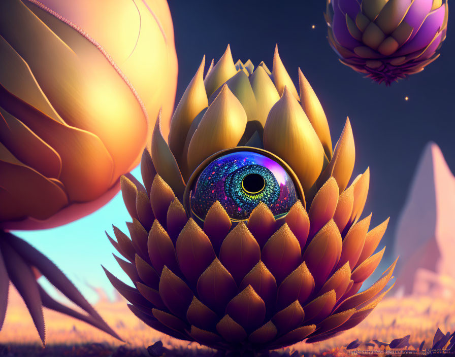 Vibrant digital artwork: large eye, blooming plant, pyramids in background