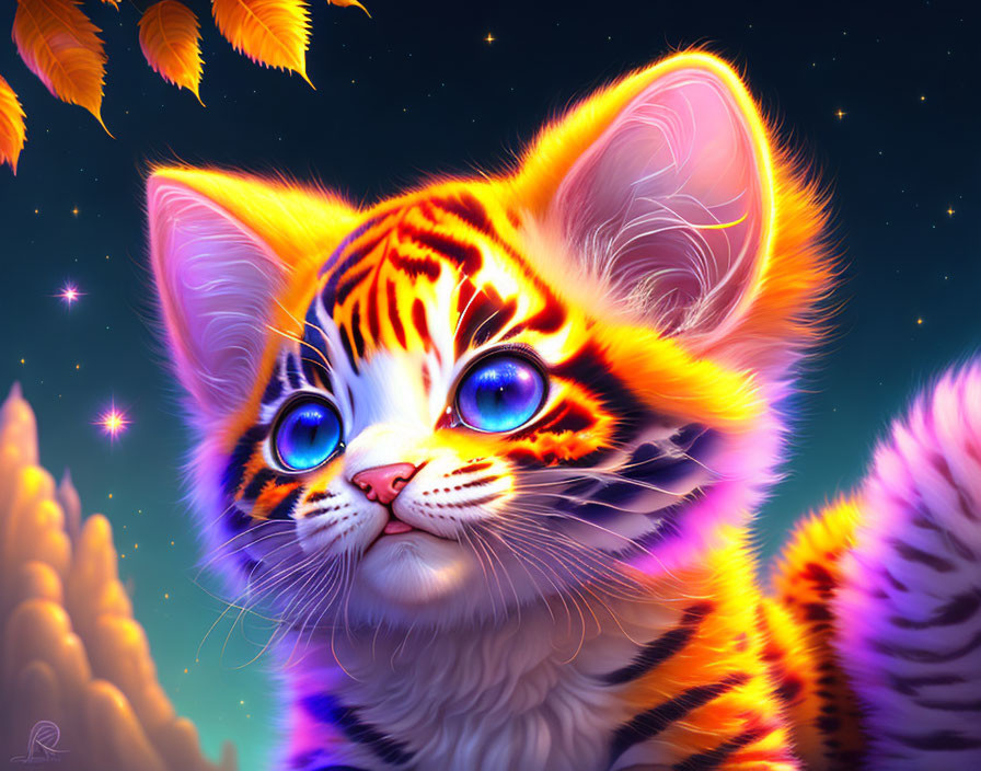 Colorful feline with blue eyes in starry night scene