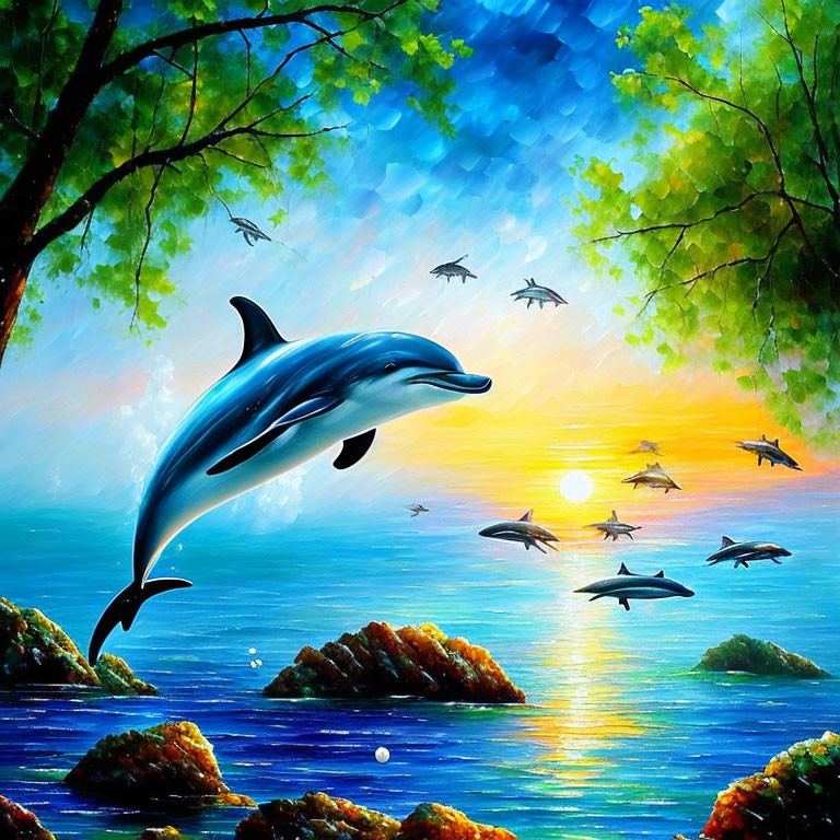 Colorful Dolphin Leaping in Sunlit Ocean with Birds and Greenery