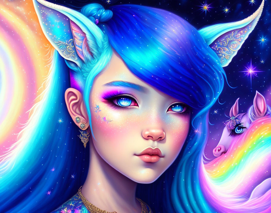 Fantastical portrait of a girl with blue hair and pointed ears beside a colorful unicorn