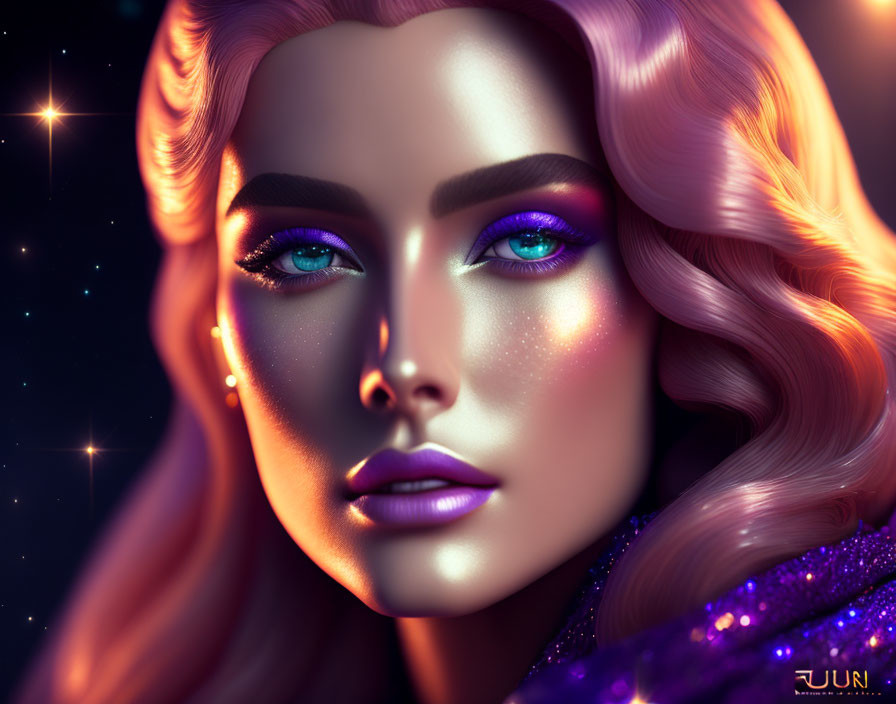 Vibrant digital art portrait of woman with blue eyes, bold makeup, wavy hair, star