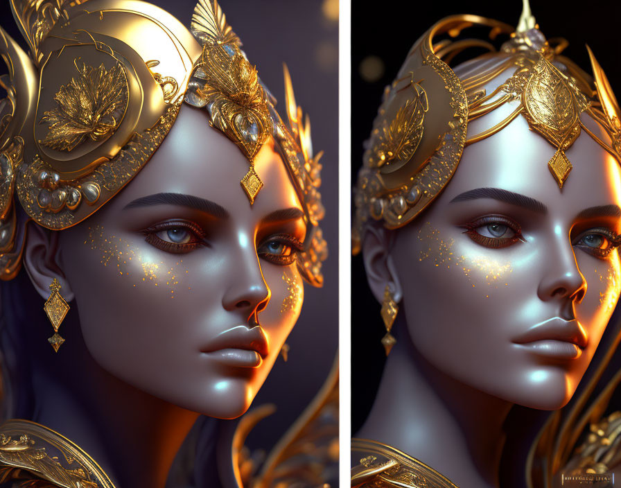 Woman with Golden Headdress and Glowing Freckles in Digital Art