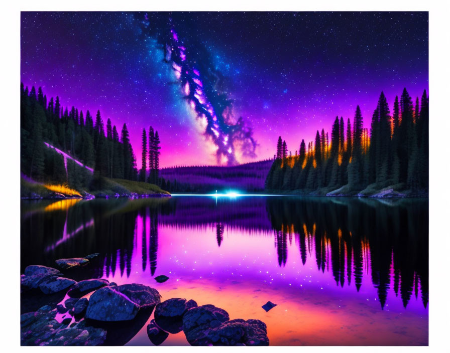 Starry Night Sky Over Tranquil Forest and Lake