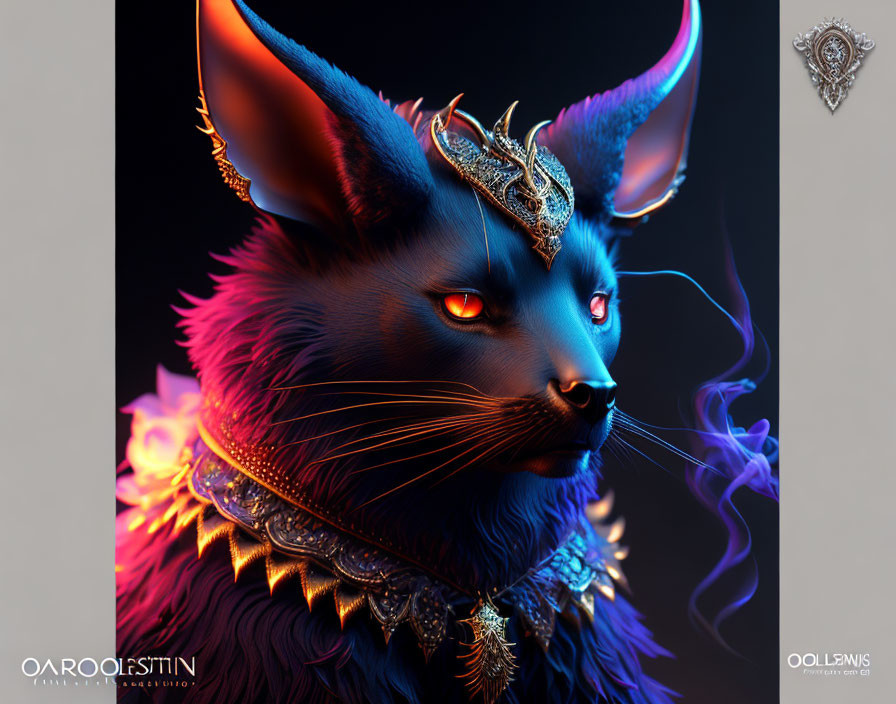 Blue Furred Cat with Glowing Red Eyes and Ornate Gold Jewelry