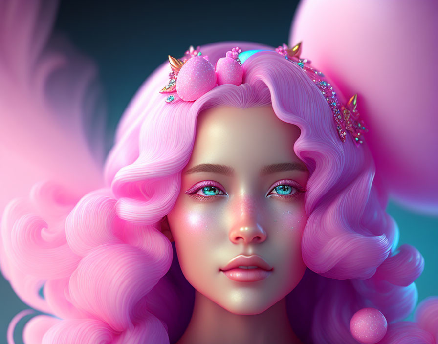 Fantasy character with pastel pink hair and strawberry motifs in digital illustration