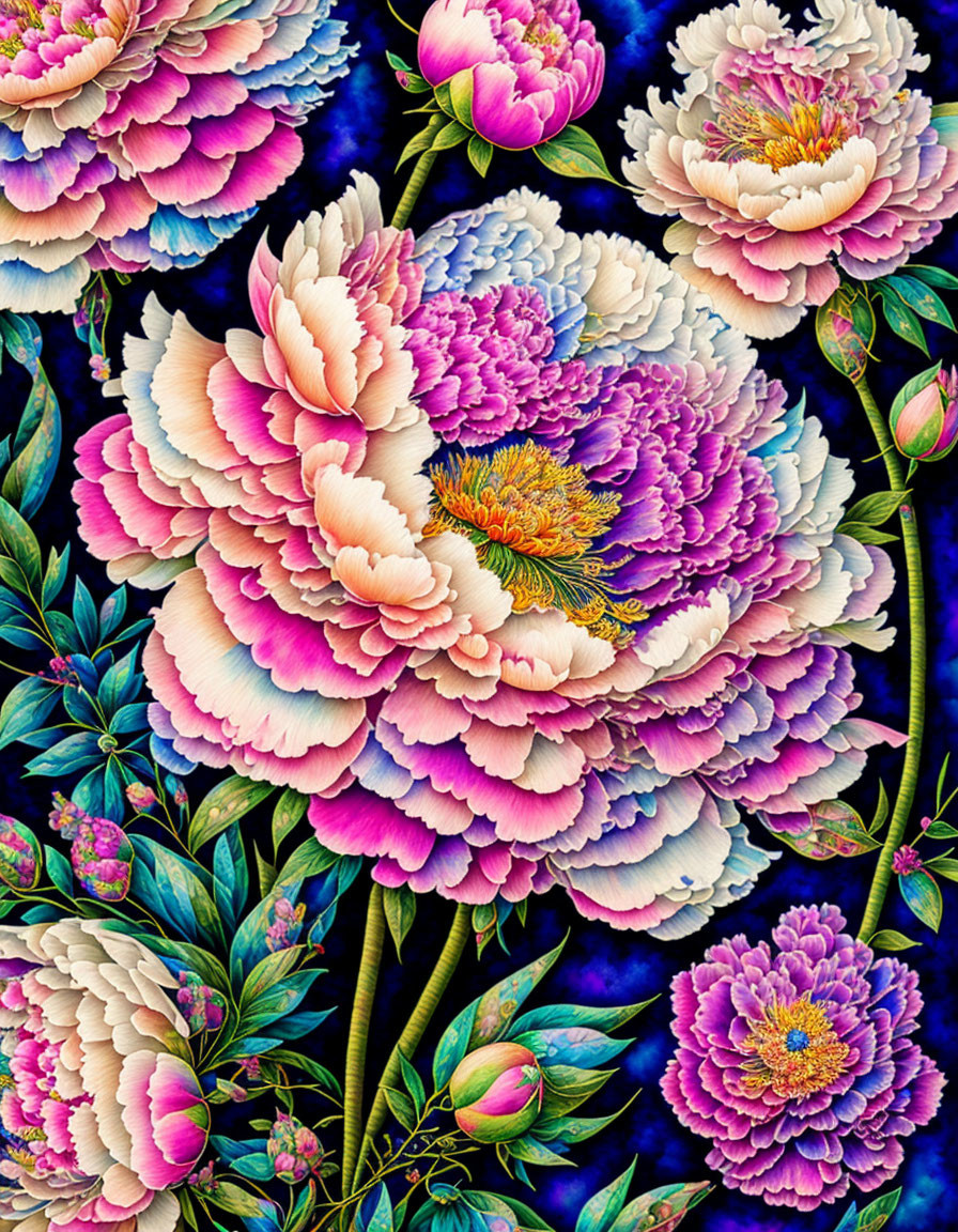 Colorful Peonies Against Blue Background