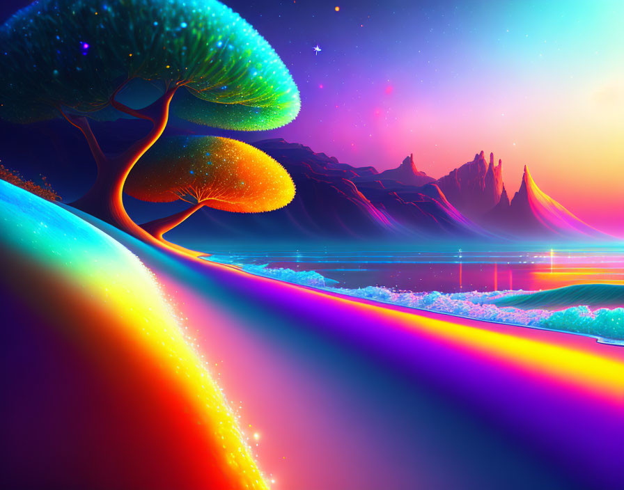 Fantasy landscape with neon colors, luminous trees, rolling hills, serene water, starry sky