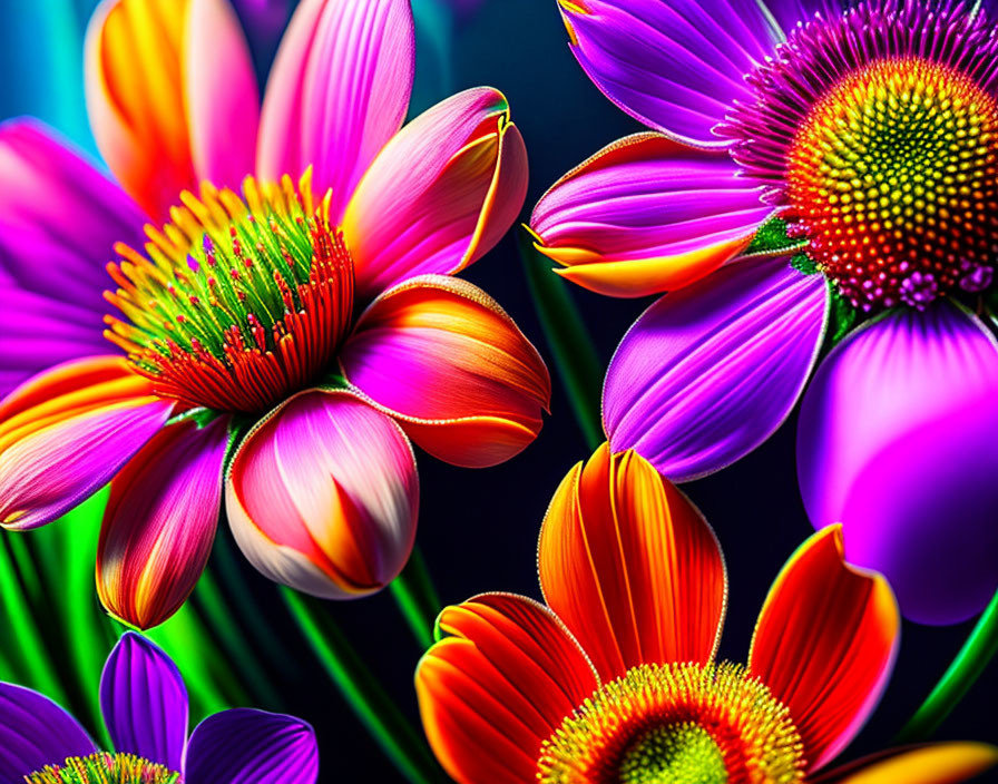 Colorful digital artwork featuring vibrant multicolored flowers on dark backdrop