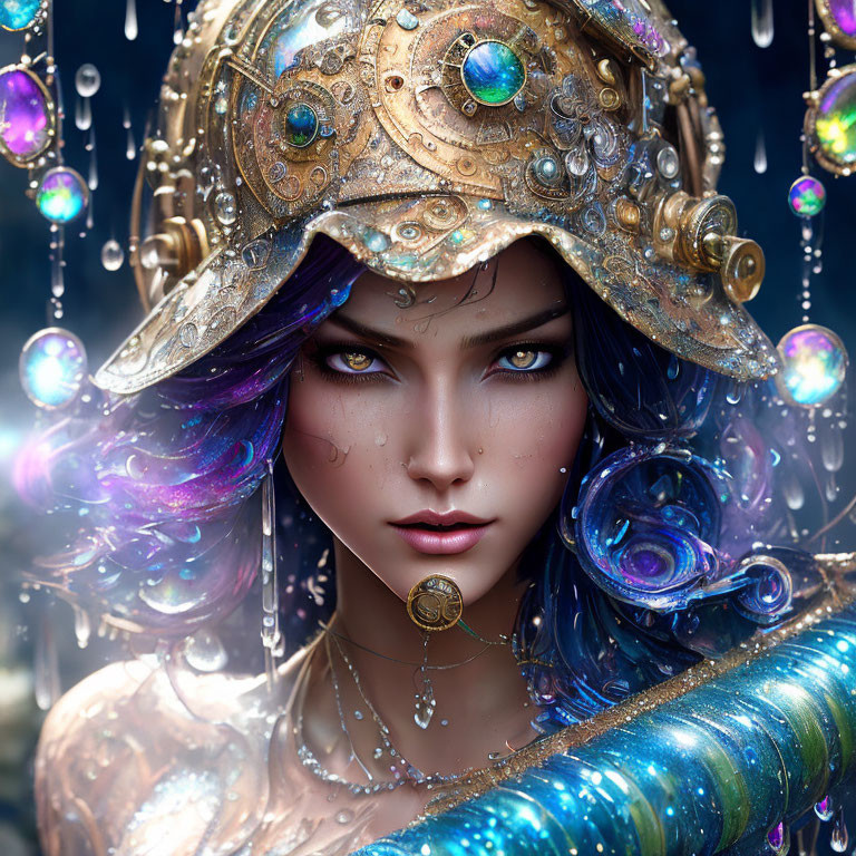 Mystical armored woman with gold and gemstones, colorful hair with water droplets