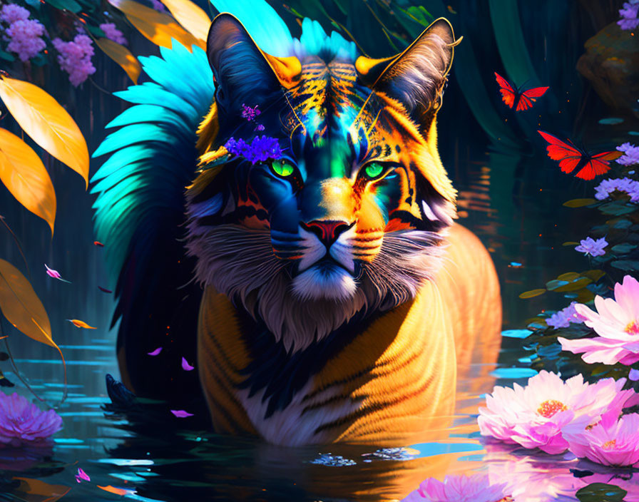 Colorful digital artwork: Tiger in blue and gold with nature elements