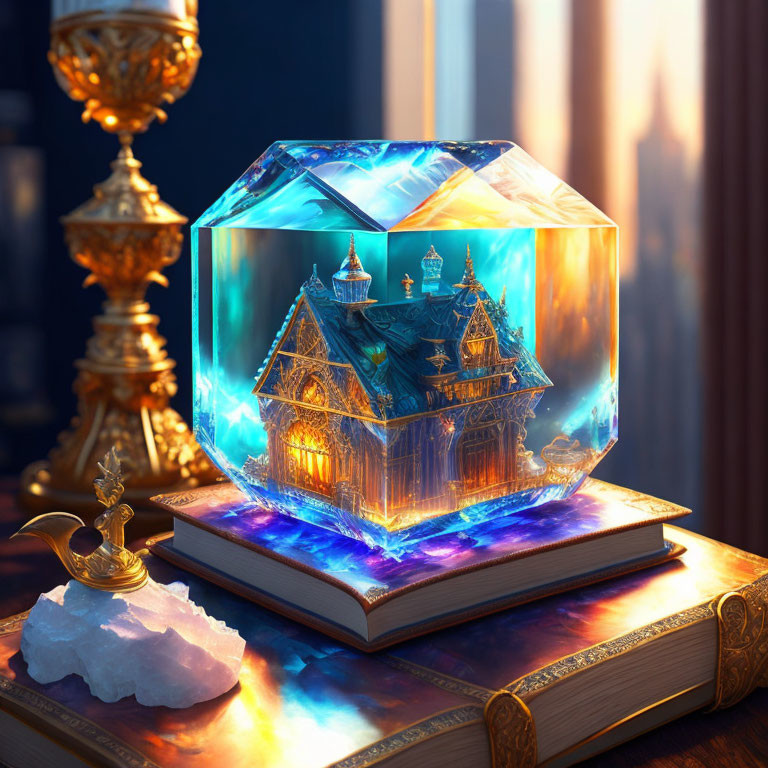 Miniature luminescent castle on crystal cube with golden goblet and white crystal on desk at sunset