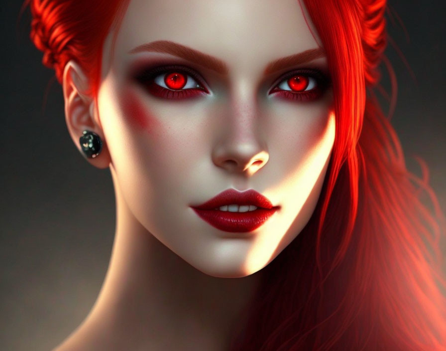 Digital art portrait of woman with red eyes, hair, and lips on dark background