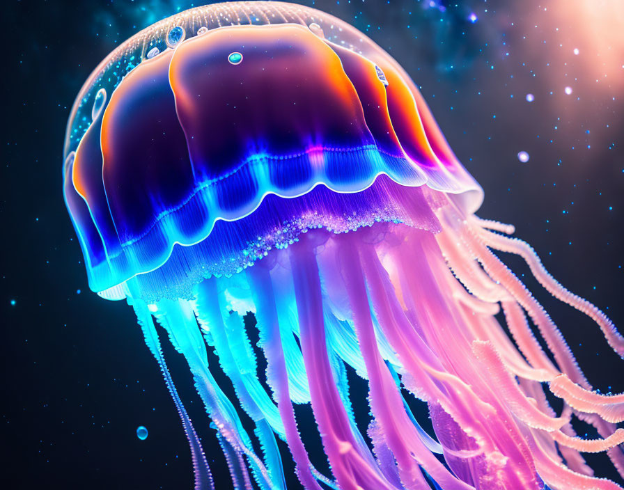 Colorful bioluminescent jellyfish in purple and blue hues underwater with bubbles.