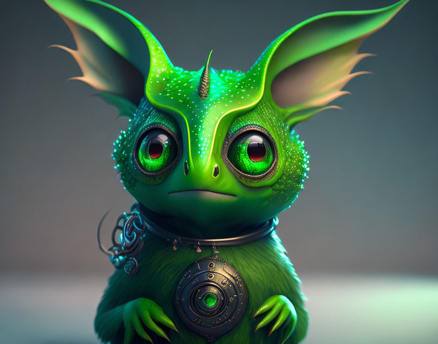 Green fantastical creature with large eyes and medallion on muted background