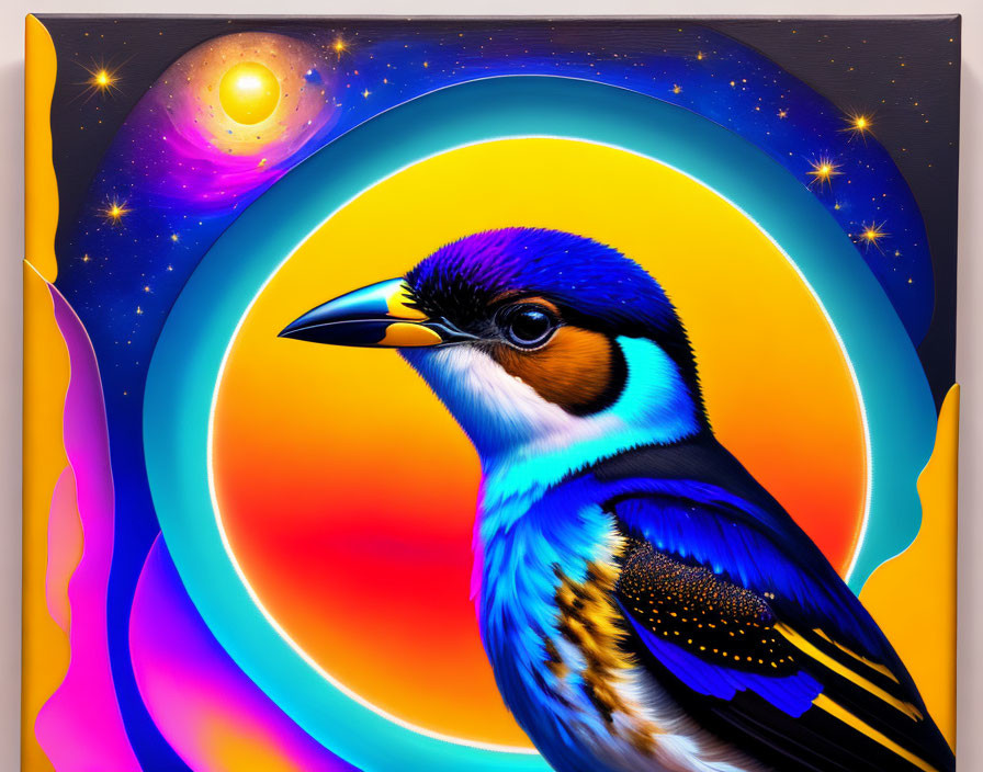 Colorful Digital Art: Stylized Bird on Cosmic Background