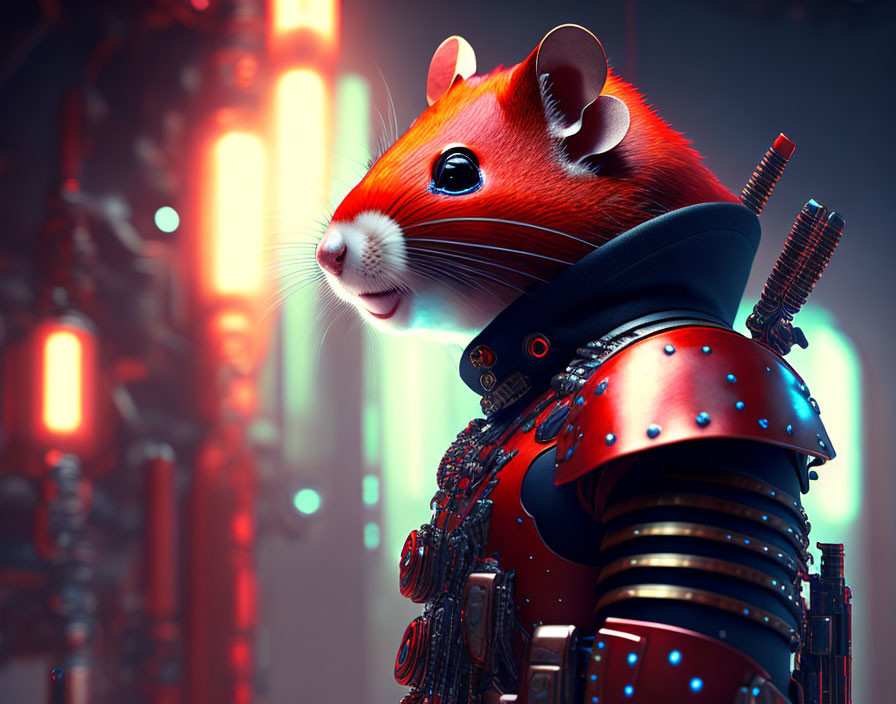 Anthropomorphic Armored Mouse in Futuristic Setting with Red and Blue Lighting