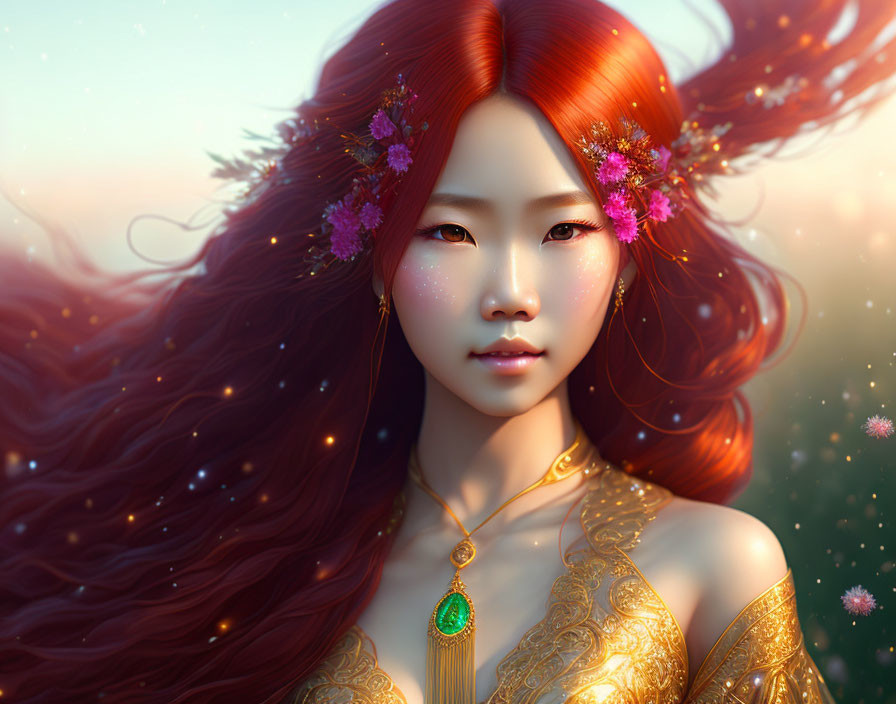 Digital artwork featuring woman with red hair, pink flowers, sparkling skin, and golden attire