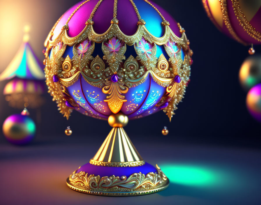 Colorful Ornate Bauble with Gold Detailing on Warm Lights Background