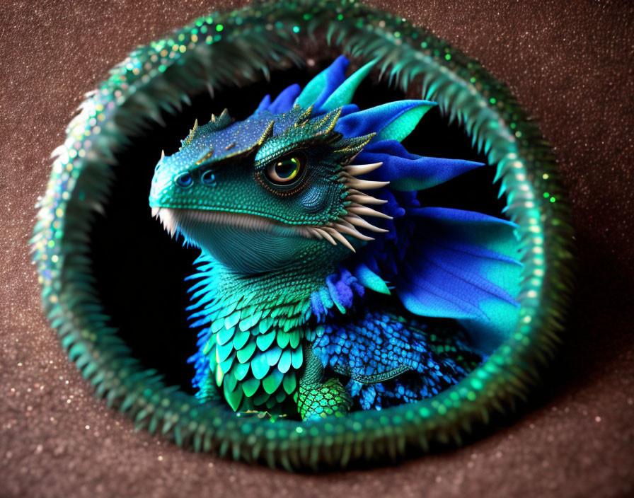 Colorful Dragon Peeking Through Circular Frame on Glittery Background