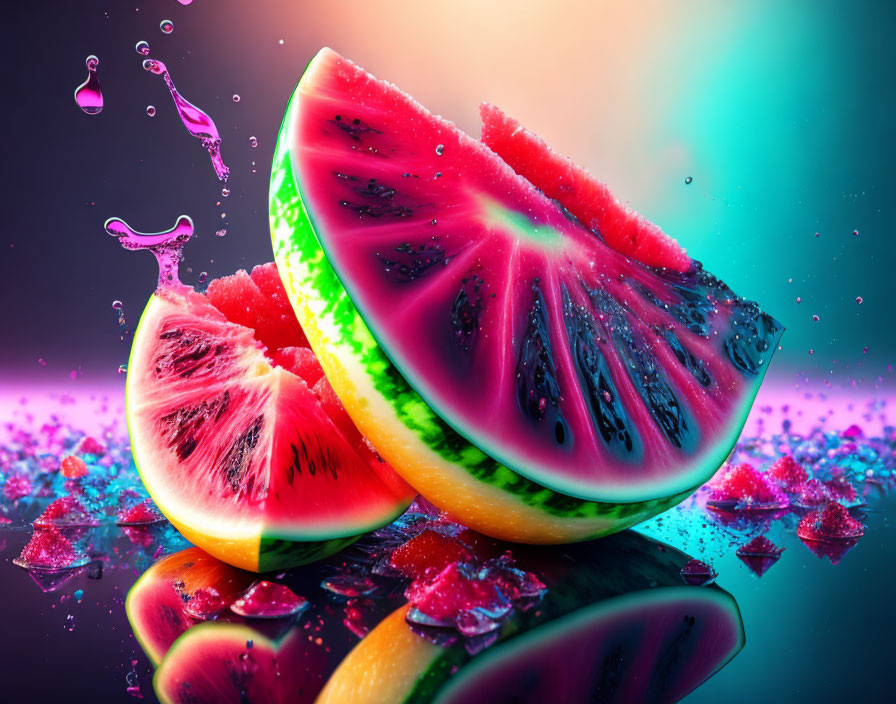 Ripe Watermelon Slices with Droplets, Vibrant Colors, and Glossy Reflections