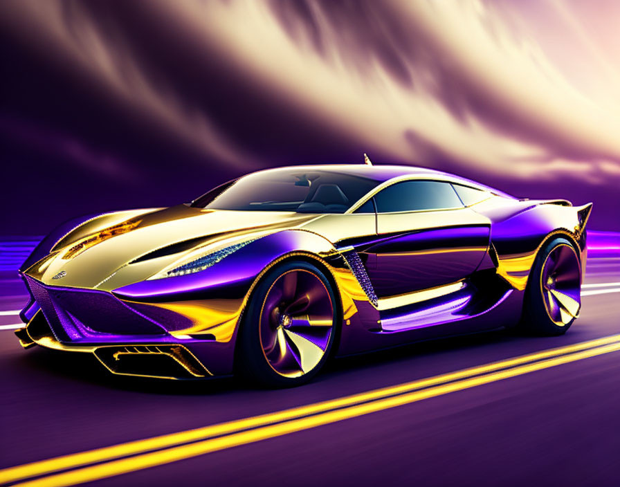 Futuristic gold and purple car speeding on dramatic sky backdrop