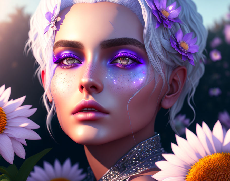 Digital portrait of a woman with white hair, purple eye makeup, and floral hair accessories.