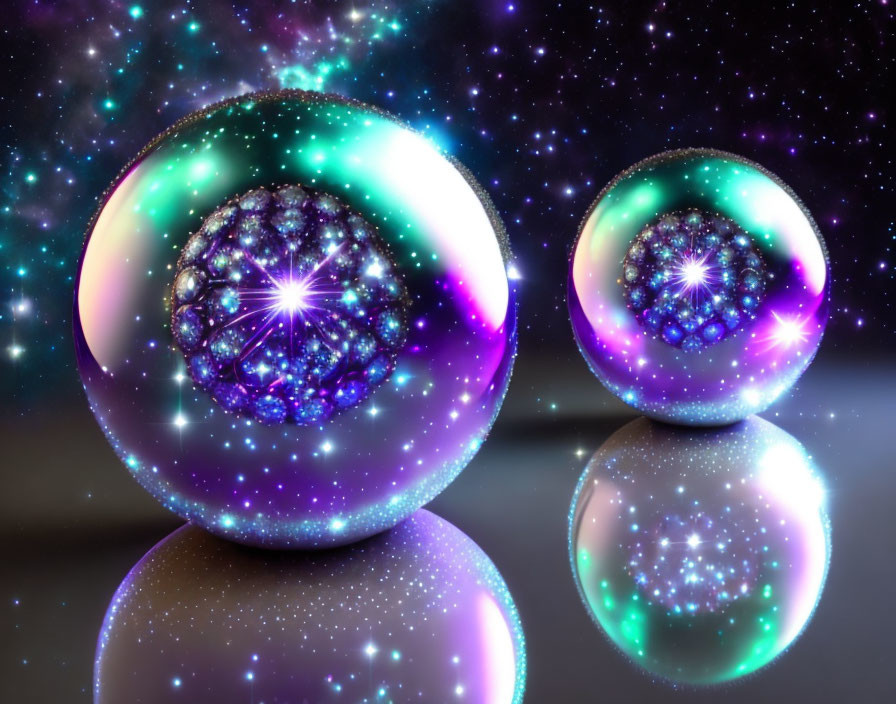 Shimmering cosmic spheres with stars and nebula hues on glossy surface