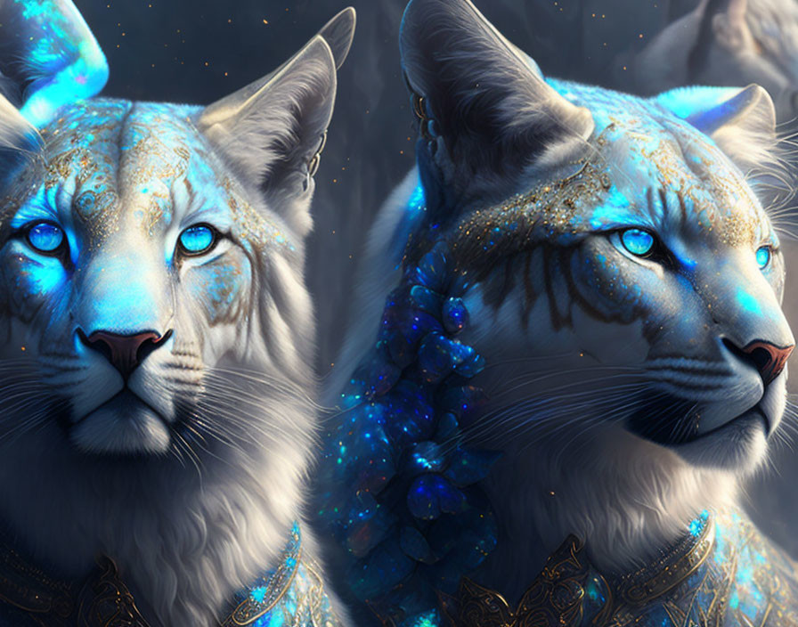 Majestic blue lynxes with golden markings and fantasy jewelry