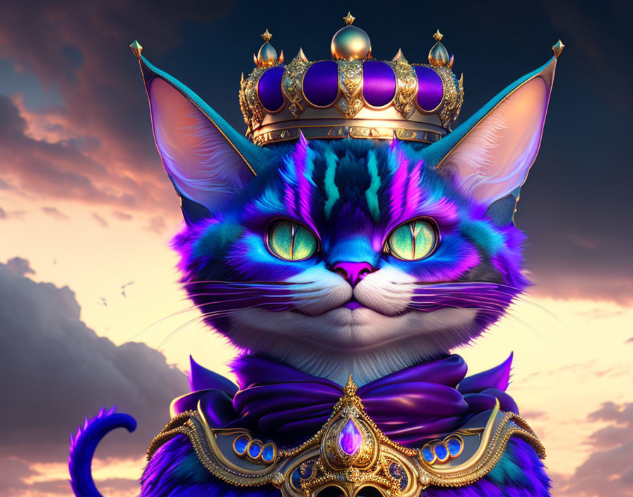 Regal purple and blue cat with golden crown and royal robes against cloudy sky.