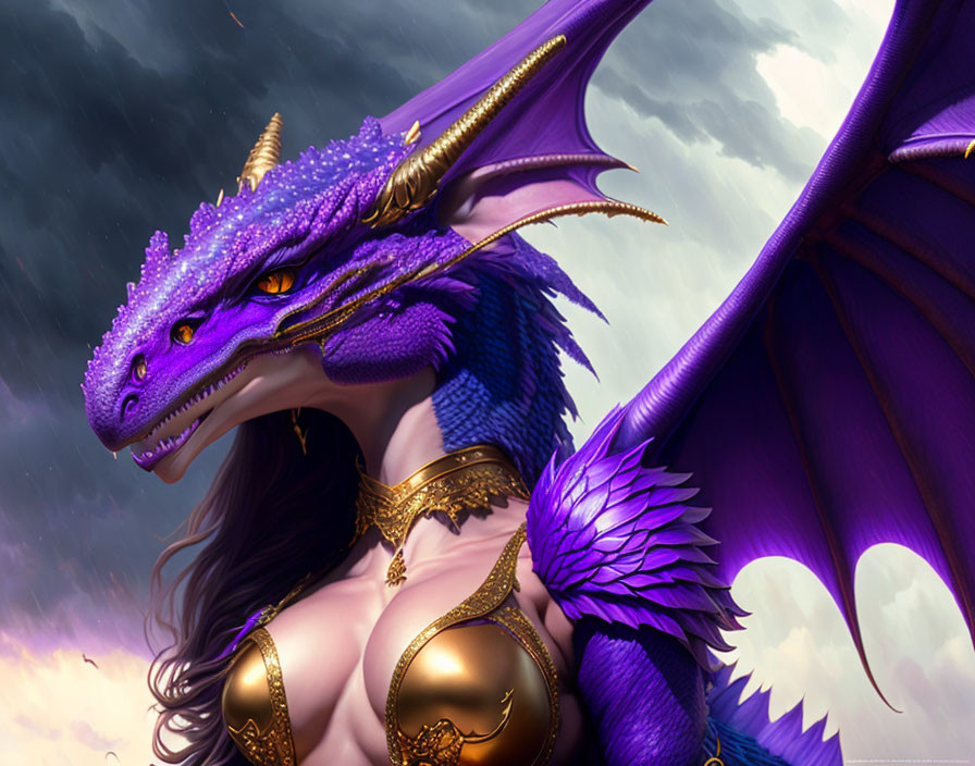 Blue dragon with golden horns and teeth over armored woman under stormy sky