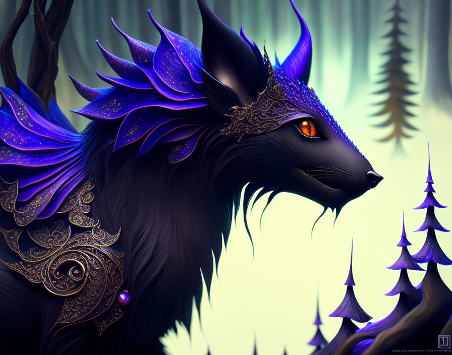 Fantasy black fox with purple fur and golden details in a mystical forest