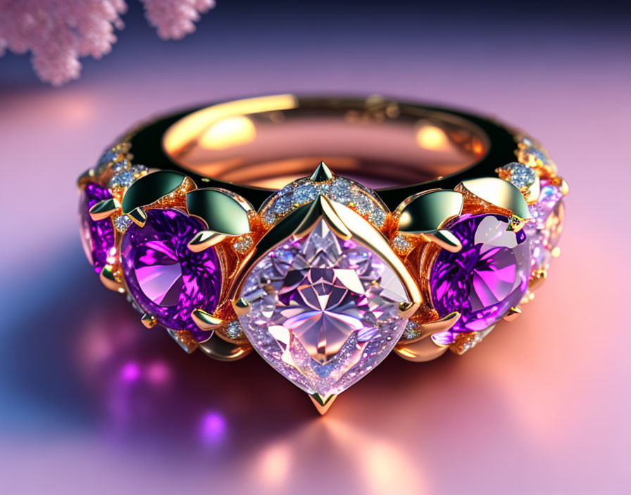 Gold Ring with Purple Gemstones and Diamonds in Heart and Petal Designs on Reflective Pink Surface